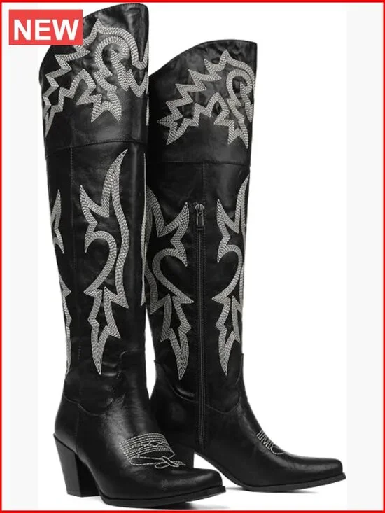 Over the Knee Boots with Chunky Heel Pointed Toe Embroidered Western Boot