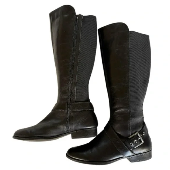 Liz Claiborne Black Leather Nicole Buckle Knee-High Riding Boots Stretch Sz 8.5M