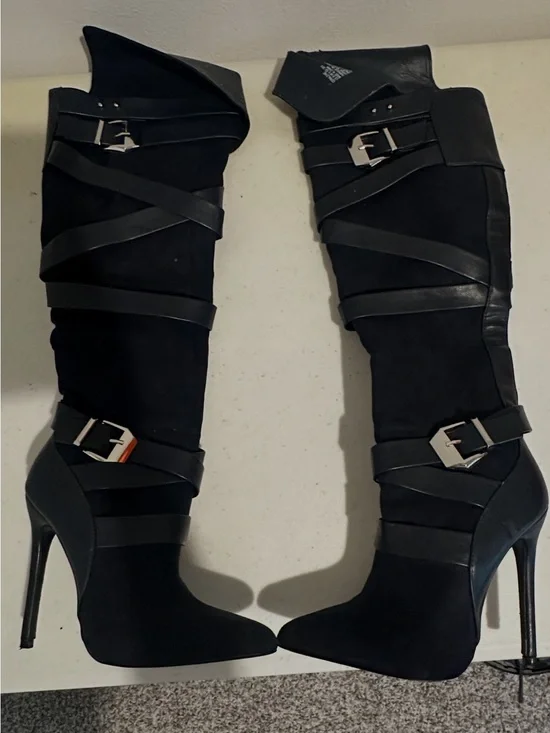 Shoe Dazzle Black Over-the-Knee Strappy Buckle Stiletto Boots