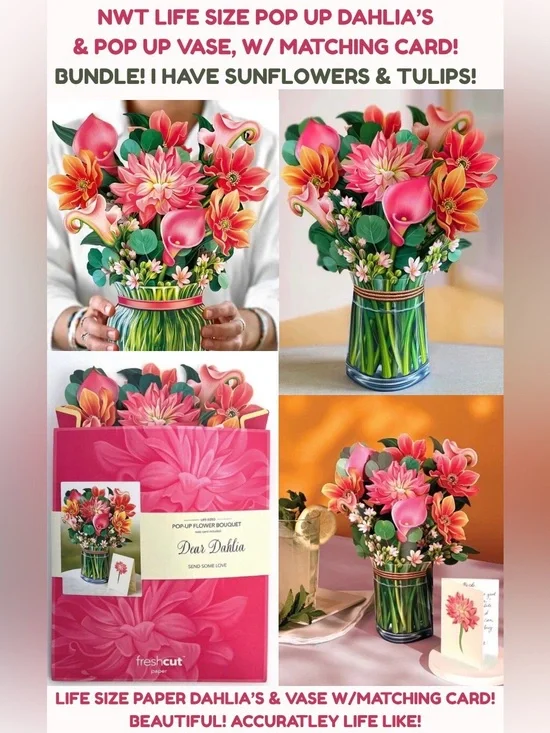 NWT LIFE SIZE/LIFE LIKE POP-UP DAHLIA 💐 IN VASE CARD! W/2ND MATCHING FLAT CARD