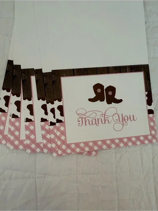 Set of 24 Pink and Brown Cowboy Boot Thank You Cards