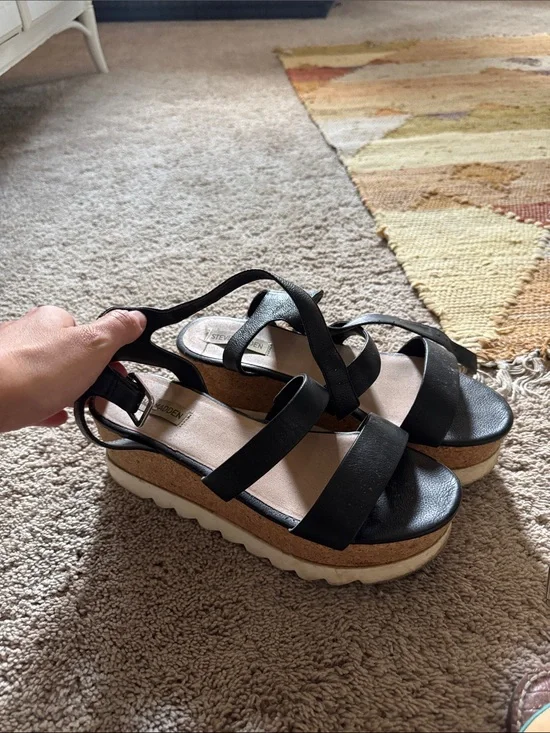 Steve Madden Black Cork-Platform Strappy Sandals