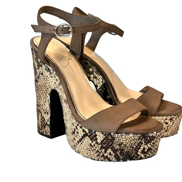 Jessica Simpson Brown Suede-Style Platform Sandals with Sequin Snake-Print Sole