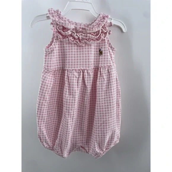 Ralph Lauren Baby Girl 6 Months Pink Plaid Ruffle Romper Easter Spring Summer