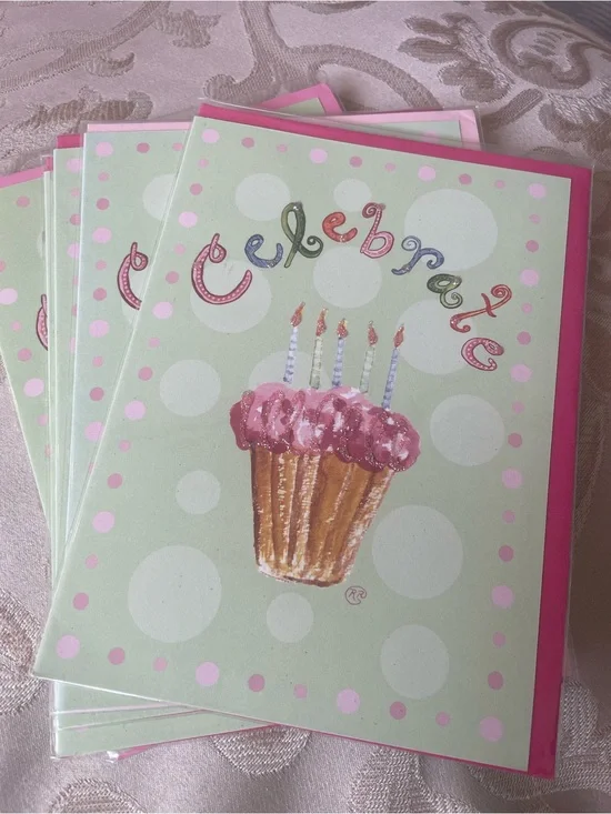 5 Pink Cupcake Celebration Cards with Cupcake and Candle Design