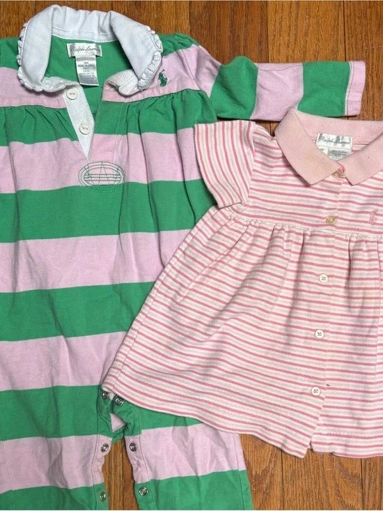 Ralph Lauren Baby Girl 2 Piece Outfit Bundle Pink Green Striped Romper Dress 9M