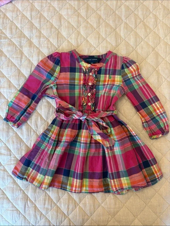 Ralph Lauren Pink Green Blue Plaid Tie-Waist Dress