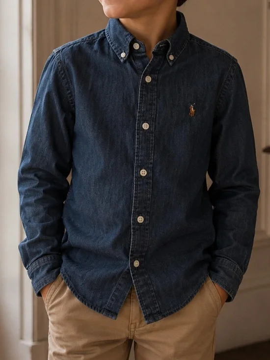 Ralph Lauren Flesh Pony Chambray Denim Button-Down 100% Cotton Shirt Preppy