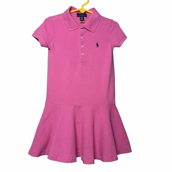 Ralph Lauren Girls Pink Polo Pique Drop Waist Dress 4T Pony Logo 100% Cotton