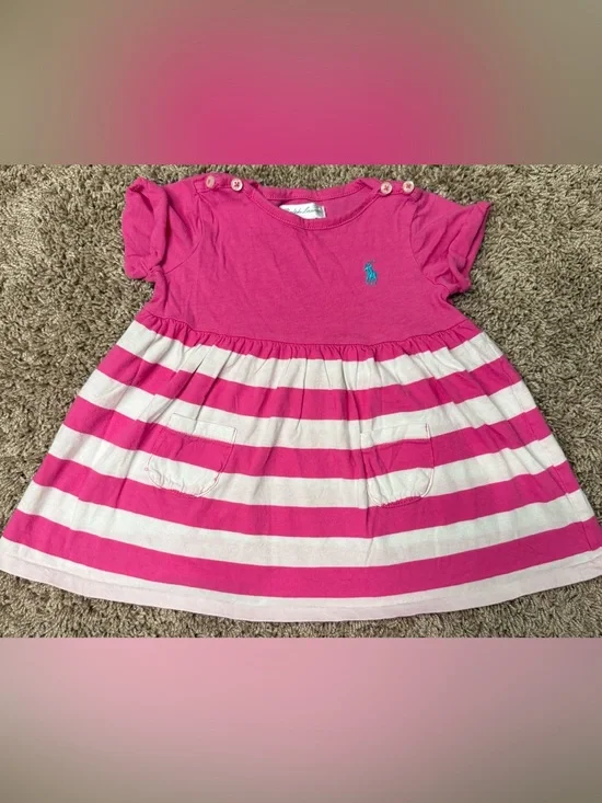 Ralph Lauren Baby Girl Pink White Striped Dress 6M Pony Logo Puff Sleeve