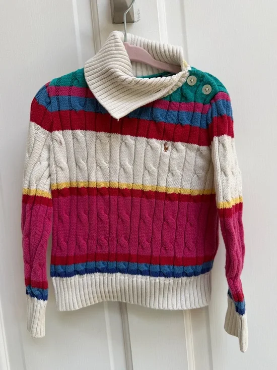 Ralph Lauren Girls 4 Cream Cable-Knit Sweater Pink, Red, Teal & Yellow Stripes
