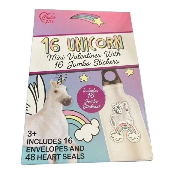 16 Unicorn Mini Valentines with Jumbo Stickers & Heart Seals Set 2023