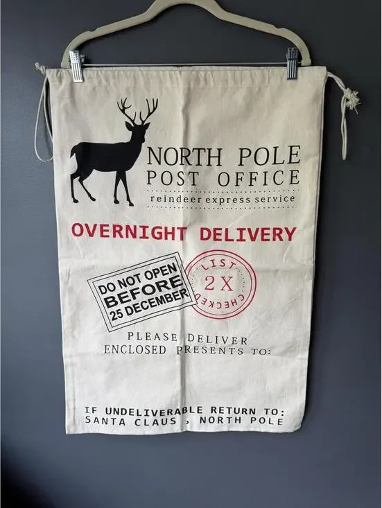 North Pole Post Office Canvas Gift Sack with Reindeer Print