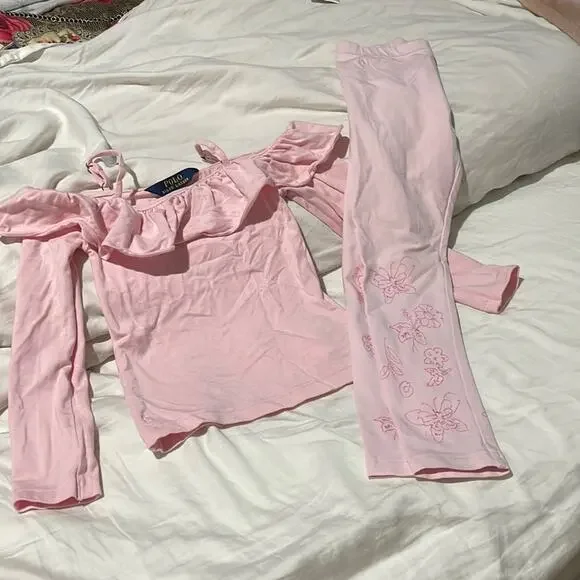 Ralph Lauren 5 pale pink legging floral embroidered with cold shoulder pink top