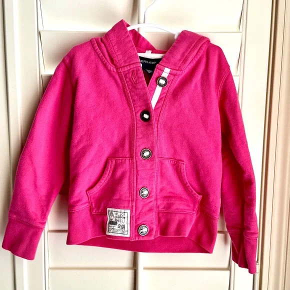 Ralph‎ Lauren Girls Pink Button Front Hoodie Size 5 Cotton Preppy Sweatshirt