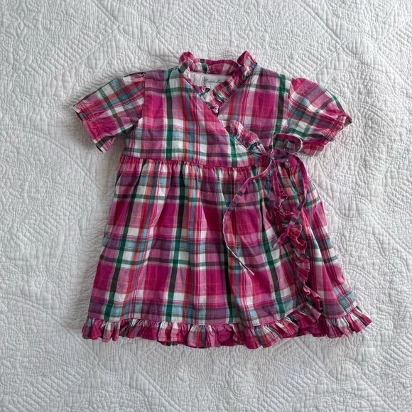 Ralph Lauren Baby Girl Madras Plaid Ruffle Wrap Dress 9 Months Like New infant