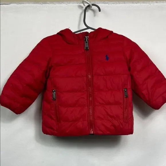Ralph Lauren Vibrant Red Puffer Jacket with reversible blue EUC 9 months