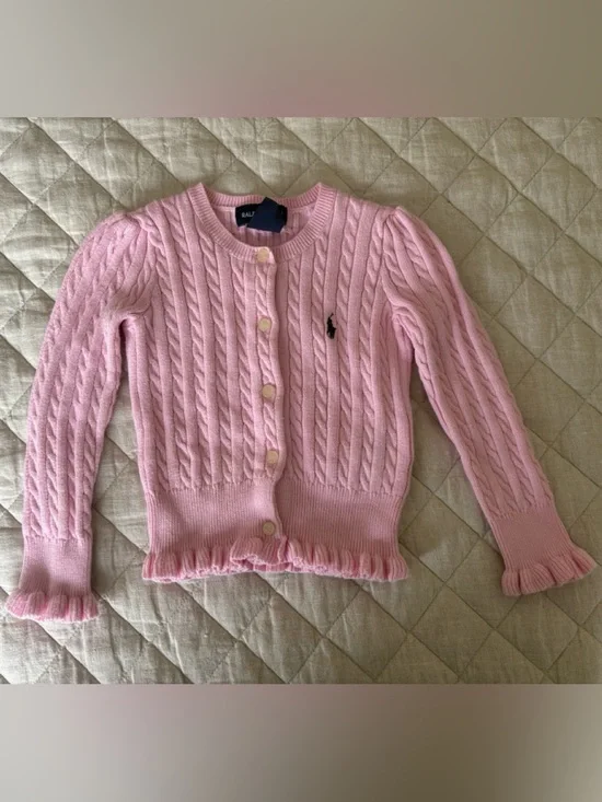 Ralph Lauren Pink Cable-Knit Ruffle Hem Cardigan