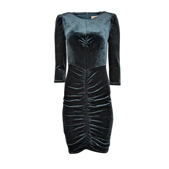 Diane von Furstenberg - Green Velvet Ruched Long Sleeve Midi Dress Sz 2