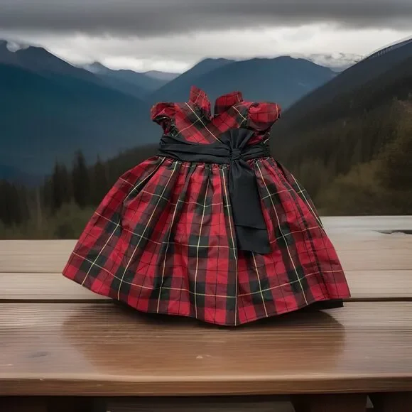 Ralph Lauren 18M Baby Tartan Red & Black Plaid Holiday Dress w/Peter Pan Collar