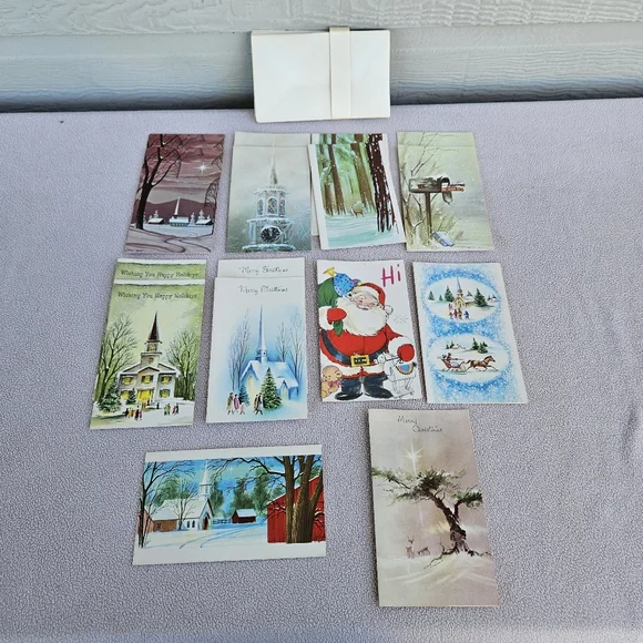 VTG Christmas Card Set of 16 Holiday Greeting Church Snow Deer Santa Mailbox