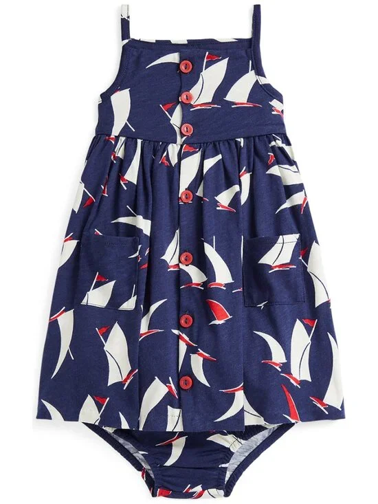 Adorable Ralph Lauren Baby Girls Sailboat Printed Cotton Dress & Bloomer NWT