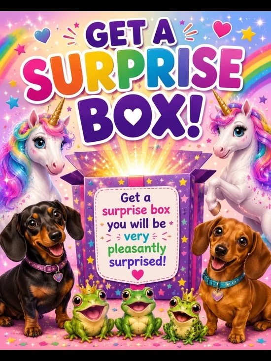 Surprise Box Party Banner - Rainbow Unicorn, Dachshund & Frog Design