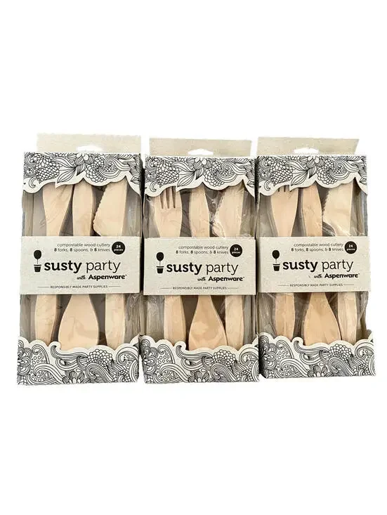 Lot of 3 Packs: NEW Susty Party Aspenware Compostable Wood Cutlery Sets 24 Pc/Pk