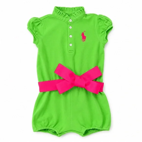 Ralph Lauren Neon Green Polo Romper with Hot Pink Bow Belt