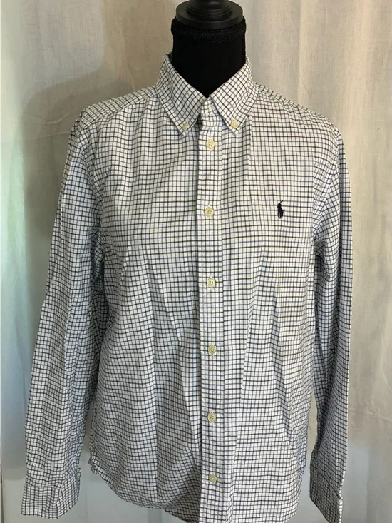 Ralph Lauren White & Navy Grid Button-Down Shirt boys youth Sz XL 18/20