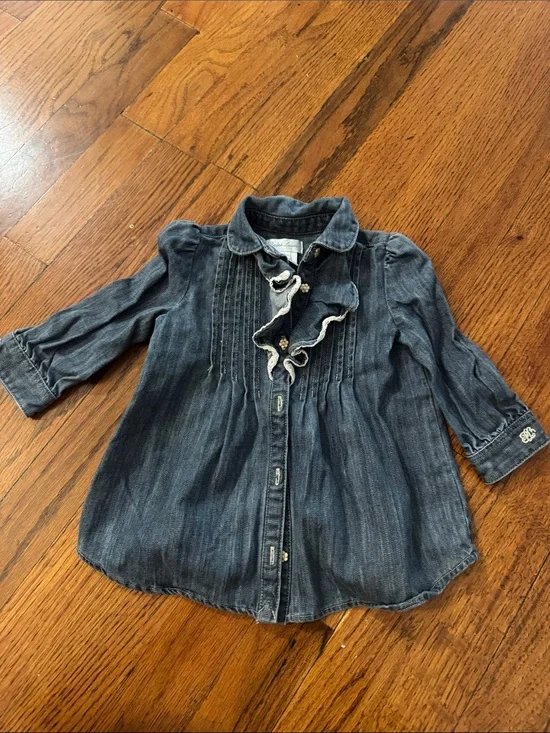 Ralph Lauren Girls Denim Ruffle Button-Front Dress Shirt - Blue