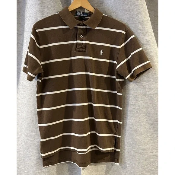Ralph Lauren Polo Short Sleeve Brown White Stripe Boys Size Medium‎