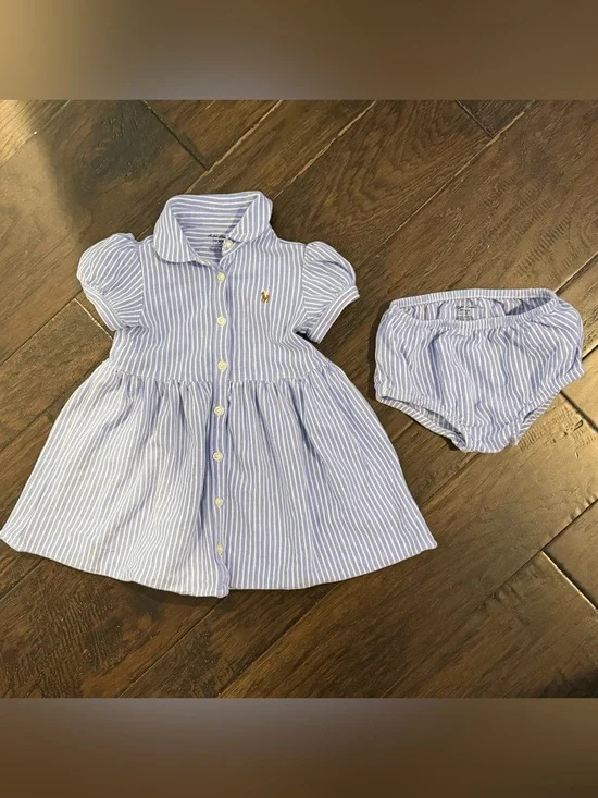 Ralph Lauren blue white stripe button down collar dress with bloomers