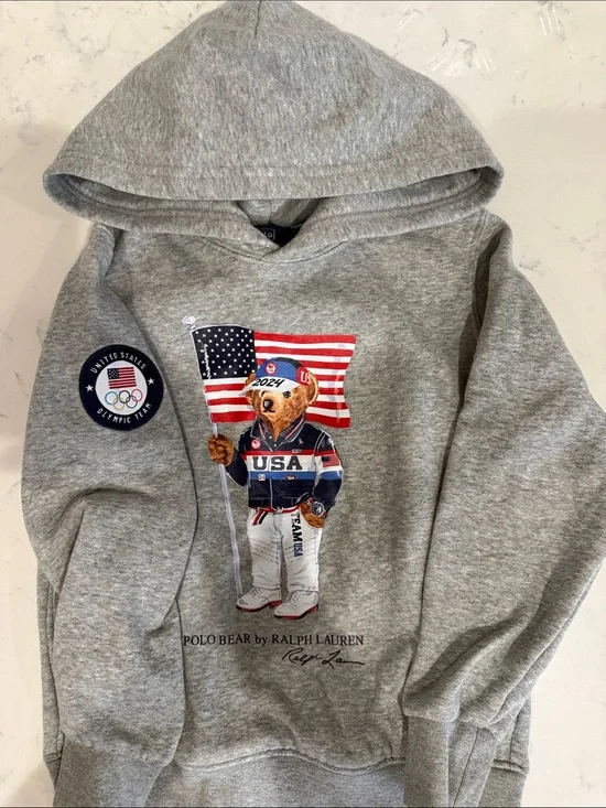 Kids Ralph Lauren Grey Polo Bear USA Flag Hoodie