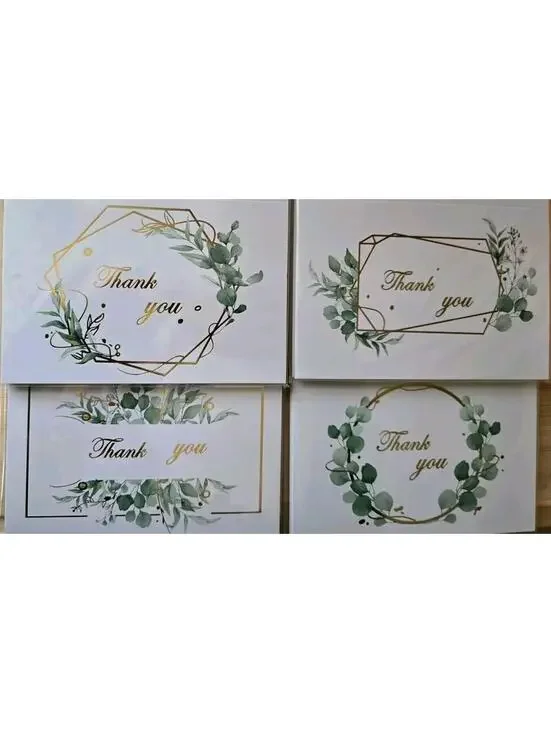 100 Thank You Cards w/ Envelopes & Stickers Gold Foil Greenery