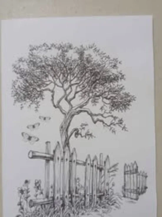 Hand-drawn tree fence art print and bunny birthday card