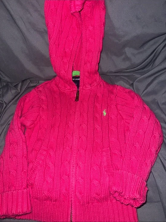 Ralph Lauren Hot Pink Cable-Knit Hooded Zip Jacket