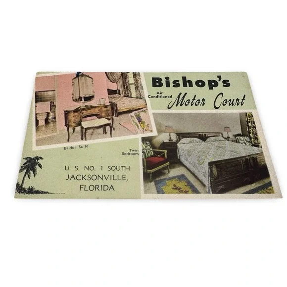 Vintage Bishop's Motor Court Jacksonville Florida Fold-out Postcard Unused 1950s