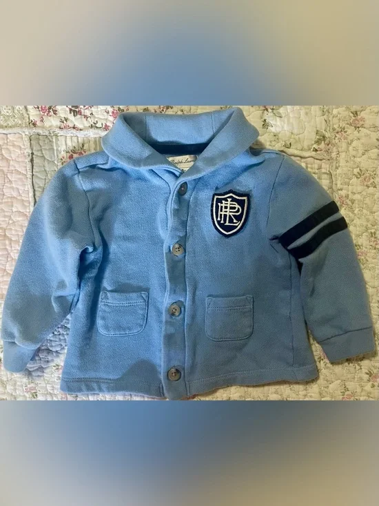 Ralph Lauren Baby Blue Shawl Collar Cardigan with Crest Patch