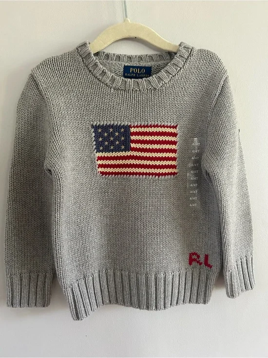 Ralph Lauren Light Gray Knit Sweater with Red, White & Blue Flag