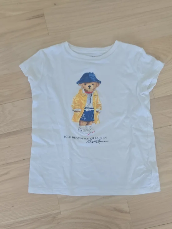 Ralph Lauren White Tee with Polo Bear in Yellow Raincoat and Blue Hat