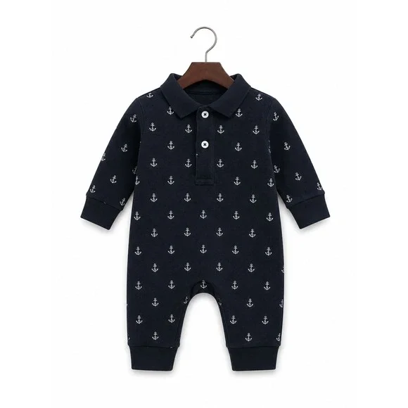 Ralph‎ Lauren Boys Romper Size 6 Months Black Pique Long Sleeve Polo Anchors Tan