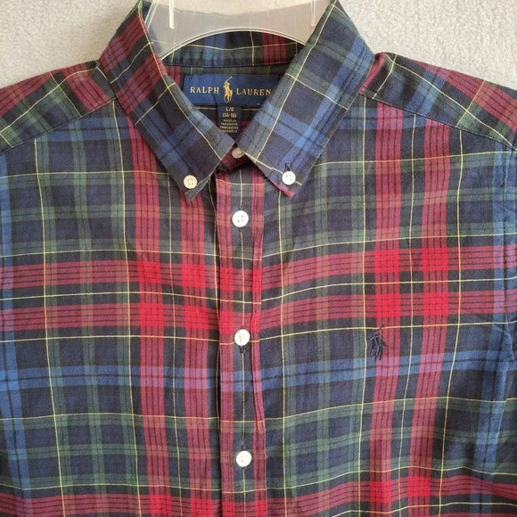 Ralph‎ Lauren Junior's Shirt Blue Red Plaid Button Down Large (14-16) Tartan