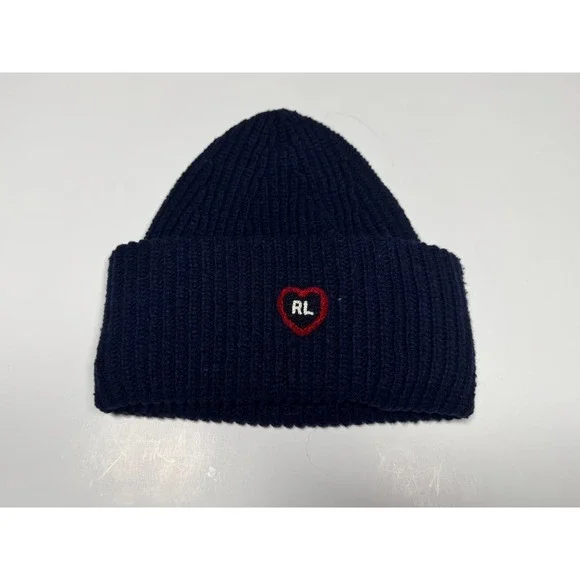 Ralph Lauren Kids Beanie Hat Black Ribbed‎ Knit Heart Patch Cuffed Winter Cap