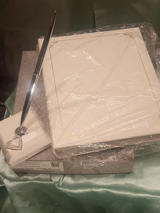 Source Unknown White and Silver Wedding Guest Book Set with Heart Pen