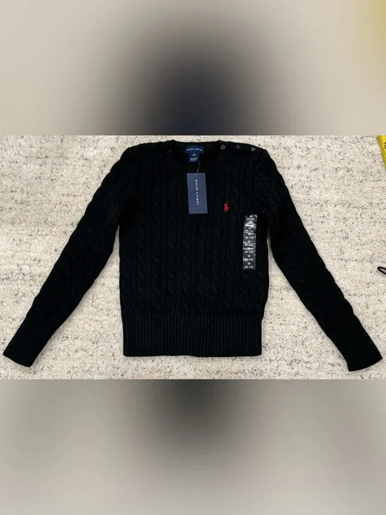 Ralph Lauren Boys Cable Knit Sweater Black Red Pony Shoulder Buttons M 8-10 NWT