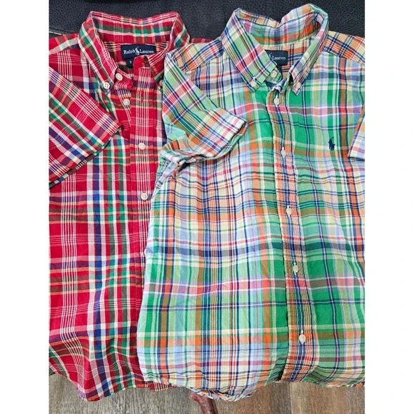POLO Ralph Lauren Boys Plaid Button Down Shirts Short Sleeve Size 7 Red & Green