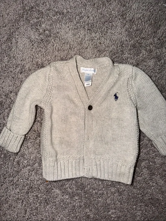 Ralph Lauren Shawl Collar Baby Cardigan - Light Gray with Navy Logo