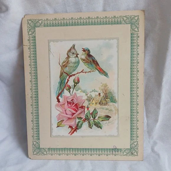 Victorian Antique Embossed Holiday Greeting Card Birds Rose