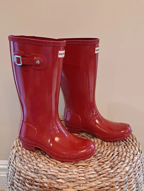 Hunter Youth Unisex‎ Cherry Red Rubber Glossy Rubber Wellington Rain Boots B4/G4
